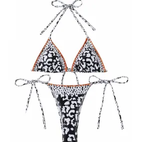 Leopard Print, Top Triangle Trim, Pleated Bandage Split Swimsuit, Comfortable and Cool Three-point Neck Bikini (L)