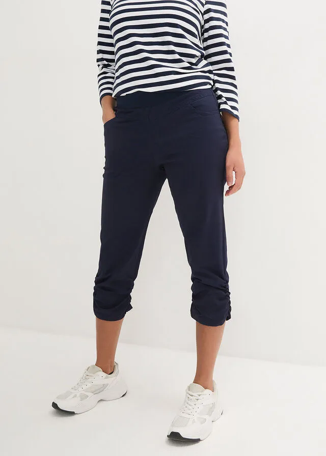 Pantalón capri de algodón con cintura cómoda y fruncido Azul oscuro