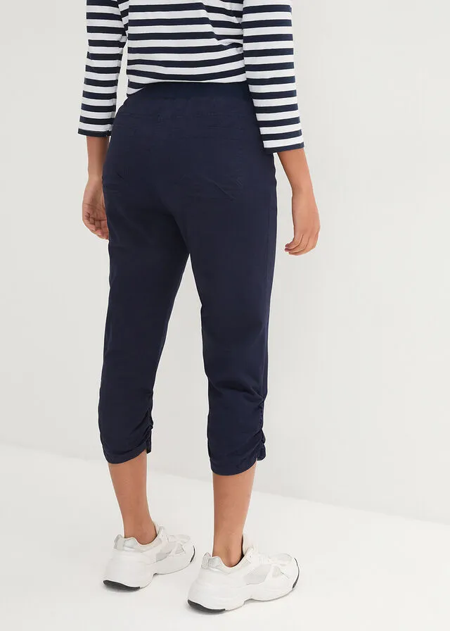 Pantalón capri de algodón con cintura cómoda y fruncido Azul oscuro