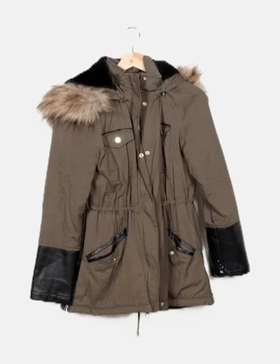 Stradivarius Parka casual verde detalle polipiel