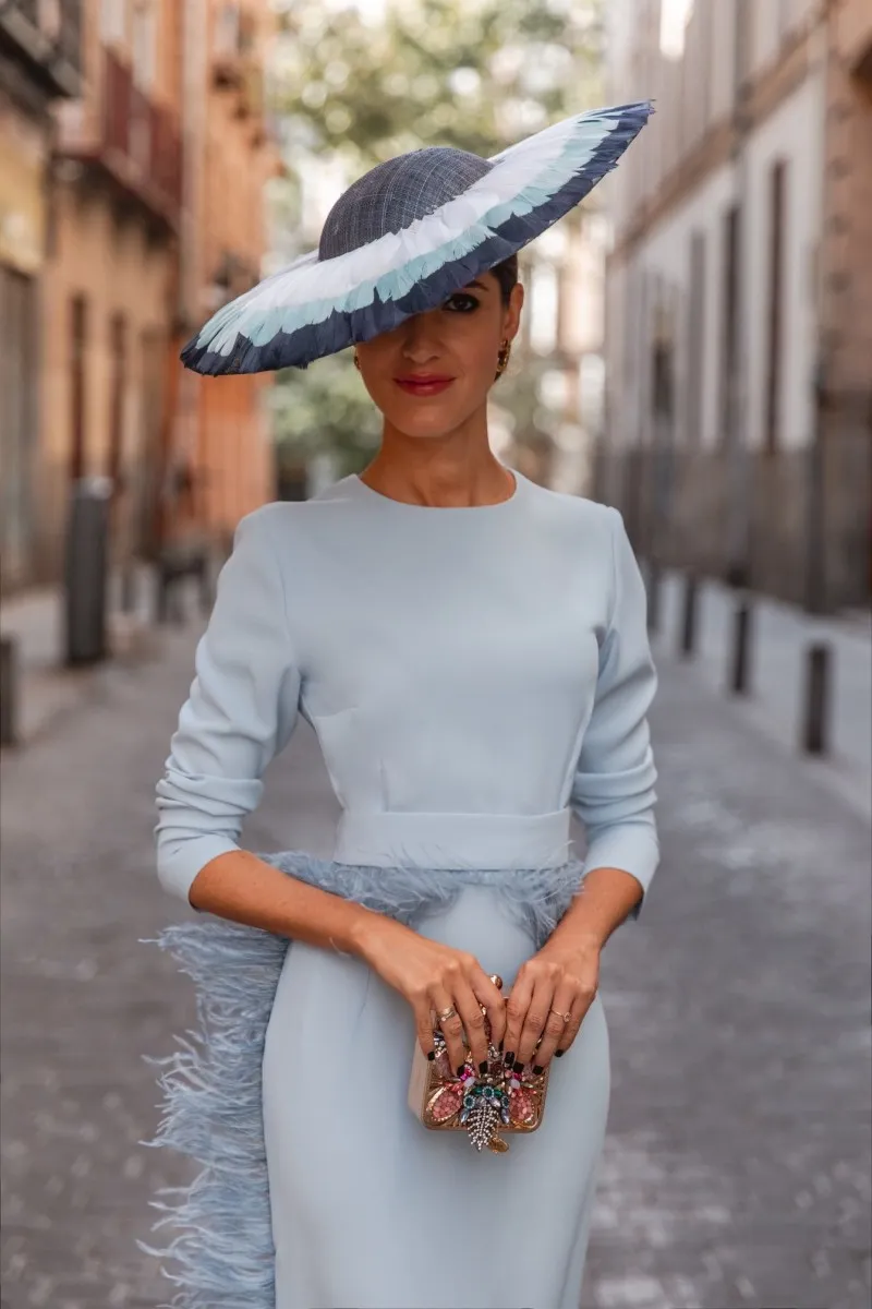 Vestido midi azul  con pluma Naxos