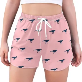 Women's Athletic Shorts Dinosaur Mint Pink Workout Running Gym Quick Dry Liner Shorts with Pockets-Ggb39