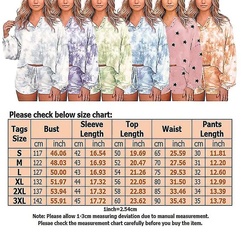 Women's Dye Pocket Pajama Set Long Sleeve Tops Shorts Shorts