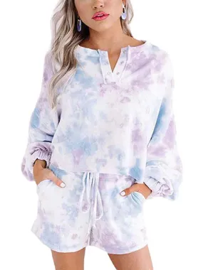 Women's Dye Pocket Pajama Set Long Sleeve Tops Shorts Shorts